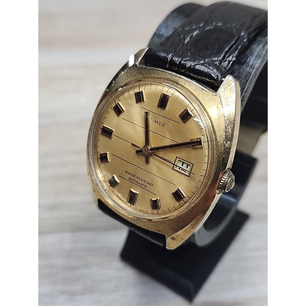 Vintage 1972 Men's Timex Automatic Watch Crosshair Dial W/Leather Strap-Working - Picture 3 of 9